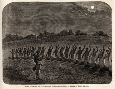 The ceremony of the drums for the rise of the new moon, at the head of the tribe Rumanika, in Karague (west of Lake Victoria, in present-day Zimbabwe), drawing by Emile Bayard, illustrating Captain Speke