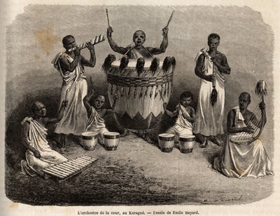 The court orchestra, in the Karague (west of Lake Victoria, present-day Zimbabwe), drawing by Emile Bayard, illustrating Captain Speke