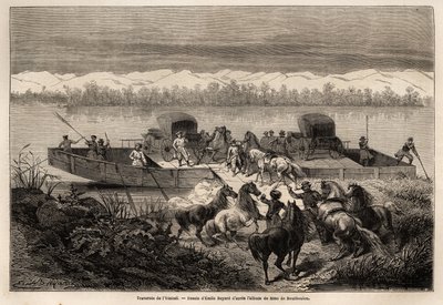 The crossing of the Yenissei River (Russia), drawing by Emile Bayard to illustrate the journey from Shanghai to Moscow, from 1859 to 1862, of M. de Bourboulon, Minister of France to China. Engraving in 