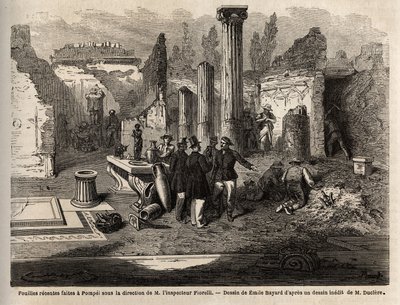 The excavations of 1864 in Pompei, under the direction of Inspector Fiorelli, drawing by Emile Bayard (1837-1891), to illustrate The text of Marc Monnier (1829-1885) Pompei and the Pompeians. Engraving in Le tour du monde, edited by Edouard Chart by Emile Antoine Bayard