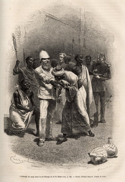 The exchange of blood between King Rionga and Sir Baker, after drinking a large amount of banana cider and spending a night watching and fasting, the ceremony takes place, each in turn they cut their forearms and drink a drop of blood, then Rionga Vakil is by Emile Antoine Bayard