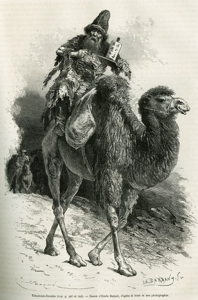 The guide and interpreter of the expedition, Chutun Dzamba, 58 years old, crouched on his camel, he continually mumbled prayers, drawing by Emile Bayard to illustrate the voyage to Mongolia and the land of the Tangutes from 1870 to 1873, by the lieutenant by Emile Antoine Bayard