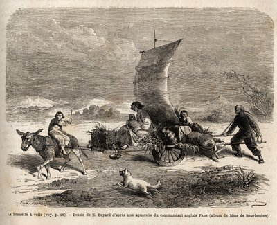 The sail wheelbarrow, locomotion system used in northern China, drawing by E. Bayard, illustrating the journey from Shanghai to Moscow by Emile Antoine Bayard