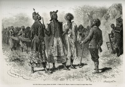 The three conductors (or sovas), princes of Dombe (Angola), and their suite of musicians and courtier, coming to meet the explorer S.Pinto. Engraving by Emile Bayard, to illustrate the story how I