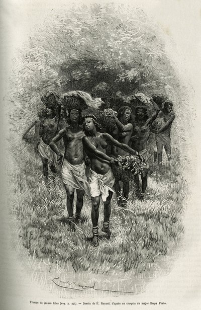 Troop of Young Girls Carrying Baskets Filled with Food for the Supply of S. Pinto and His Men by Emile Antoine Bayard