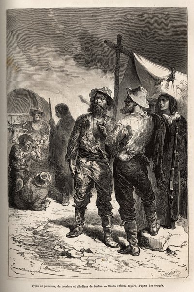 Types of pioneers, oxherds and Indians of Benton (Montana), engraving after the drawing by Emile Bayard, illustrating the voyage from Washington to San Francisco, in 1868, by L. Simonin, published in “Le tour du monde” 1874, edited by Edouard Charton by Emile Antoine Bayard