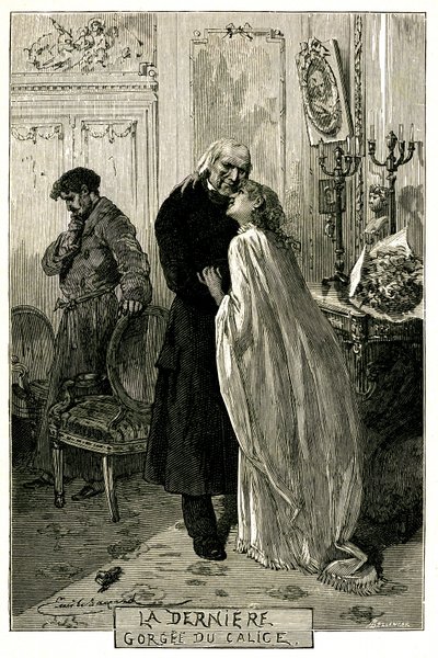 Victor Hugo The Miserables, The Last Gorgee of the Chalice. Illustration by Emile Bayard. The former convict Jean Valjean became old with Cosette and Marius. Engraving of the edition Ollendorff 1906 by Emile Antoine Bayard