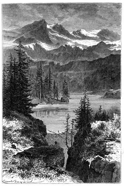 View of the Alps: forest, lake, peaks. Illustration by Emile Bayard for the book Les Montagnes d