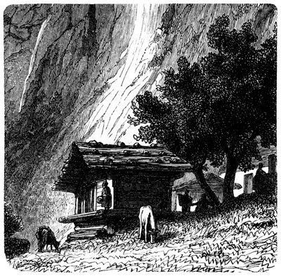 View of the Alps: old chalet at the foot of a cliff with cows grazing. Illustration for the book 