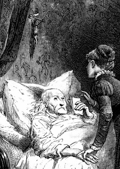 Young woman looking after an old man dying in his bed, under a crucifix hanging from the wall. The dying man holds his last recommendations (will) by hand. (detail) by Emile Antoine Bayard