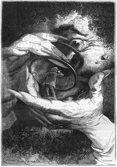Astronaut Michel Ardan imagines himself being observed by a giant through a magnifying glass (Illustration of Jules Verne
