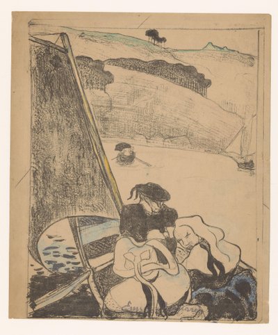 Two Breton women and a man on a boat by Émile Bernard (signed by artist)