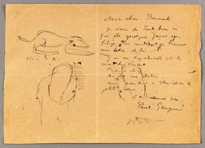 Letter to Emile Bernard with three ink sketches, noting the death of "Vincent", Tahiti by Emile Bernard