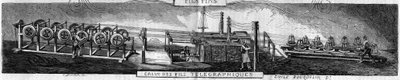 Galvanization of iron and telegraphic wires in the Grenelle factory by the Franche Comte forges company. Engraving by Emile Bourdelin in 