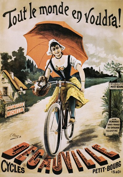 Vintage Poster of Woman Riding Bicycle Holding Red Umbrella by Emile Clouet