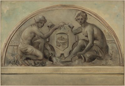 Sketch for the pediment of the Alfortville school group: The Seine and the Marne framing the coat of arms of Alfortville, in 1898 by Emile Delbos
