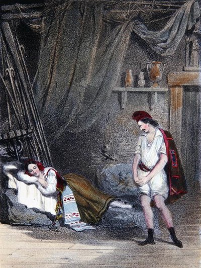 Scene depicting the mute girl Fenella asleep in a hut with her brother Masaniello: act IV from the opera 