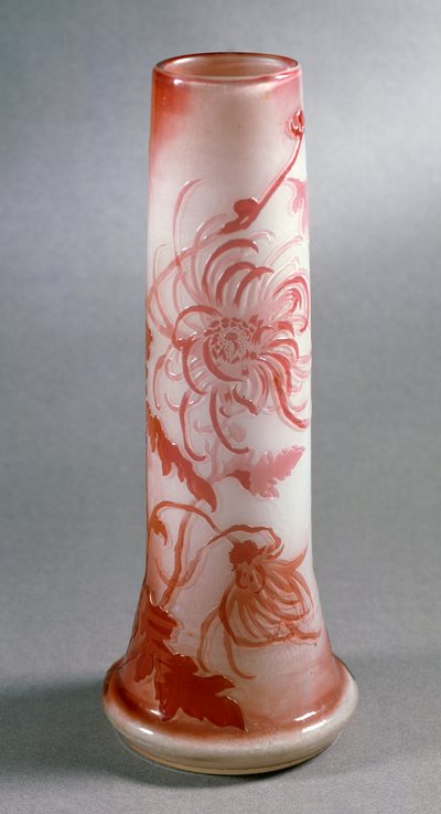 Double glass vase with red chrysanthemum decoration, ca 1900, France by Emile Galle
