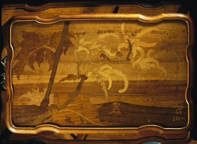 Palm trees by sea, inlaid wooden table top, by Emile Galle, Art nouveau style, France, 20th century by Emile Galle