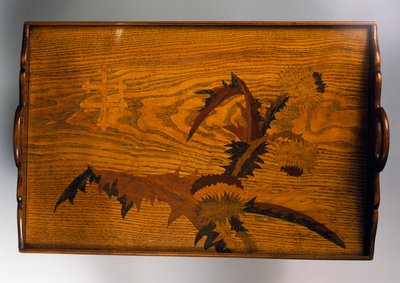 Wooden tray inlaid with thistle decoration, Made by Emile Galle, 40x42 cm, France, 20th century by Emile Galle