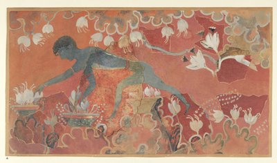 Painting of the Blue Monkey Saffron Gatherer fresco from the Palace of Minos at Knossos, circa 1921 by Emile Gilliéron