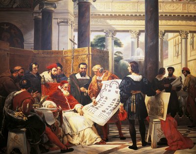 Pope Julius II ordering Bramante, Michelangelo, and Raphael to construct Vatican and St. Peter