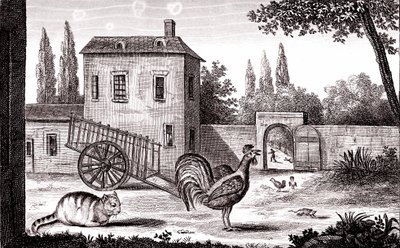 The Rooster, the Cat and the Mouse, Fable by La Fontaine by Emile Joseph Alexandre Gouget
