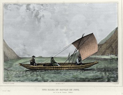 A Balsa or a reed boat on Lake Titicaca (Bolivia). Lithograph by Emile Lassalle (1813-1871) - in “Voyage dans l