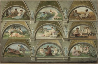 Sketch for the Salon des Cariatides at the Hôtel de Ville in Paris: Allegorical Scenes of Daily Life by Emile Levy
