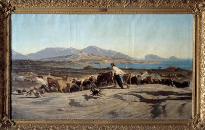 View of Marseille taken from the Aygalades, a day walk. In the foreground of young shepherds with the herd. Painting by Emile Loubon (1809-1863) 1853 by Emile Loubon