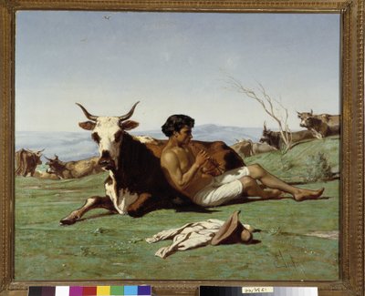 Young Patre Playing Flute by Emile Loubon