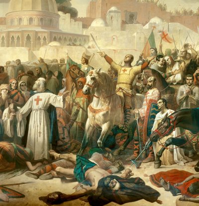 (detail) First Crusade: The Capture of Jerusalem by the Crossings on 15/07/1099. Godefroy de Bouillon Giving Grace to God in the Presence of Peter the Hermit by Emile Signol