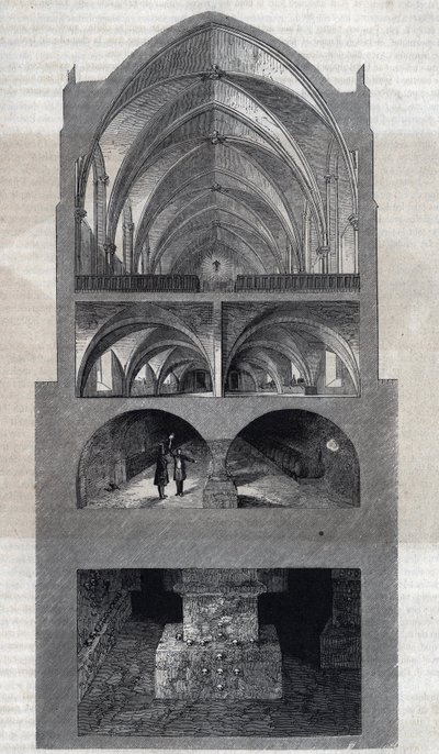 Cross section of the Napoleon high school in Paris (today, Lycee Henri IV). From top to bottom: the refectory, the kitchen, the cellars, the catacombs. Engraving by Therond. In 