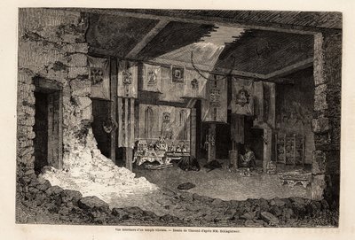 Internal view of a Tibetan temple, drawing by Therond, to illustrate the recapitulative of the geographic year 1862, by Vivien de Saint Martin. Engraving in 