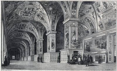 Internal view of the Vatican library in the 18th century. Engraving by Therond from a drawing by Francois Pannini by Emile Theodore Therond