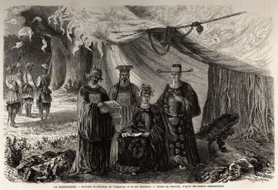 Portraits and costumes of the Emperor of Annam and his ministers. Engraving in Le tour du monde, nouveau journal des voyages, Paris by Emile Theodore Therond
