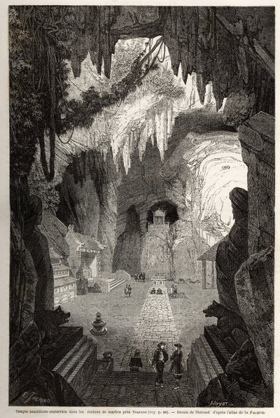Underground Buddhist temple in marble rocks near Tourane, drawing by Therond, to illustrate the notes of a unique correspondence with Cochinchine. Engraving in Le tour du monde, nouveau journal des voyages Paris by Emile Theodore Therond