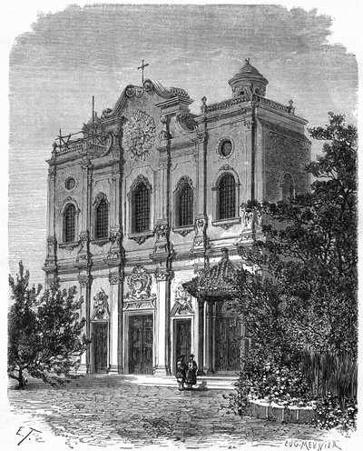 View of the facade of the cathedral of Nantang, built on the site of the house of Matteo Ricci (1552-1610), father of Catholicism in China. Engraving after a drawing by Therond, in Le Tour du Monde, Nouveau journal des Voyages, edited by Edouard Charton by Emile Theodore Therond