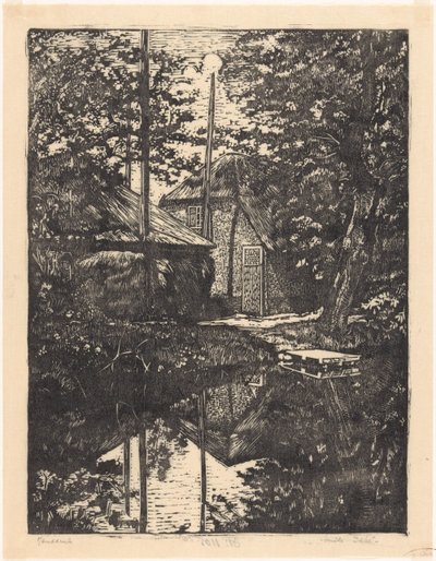 Farm and Hay Barn by the Water by Emilius Wilhelmus Dehé (signed by artist)
