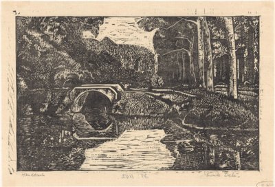 Bridge over a canal in a forest by Emilius Wilhelmus Dehé (signed by artist)