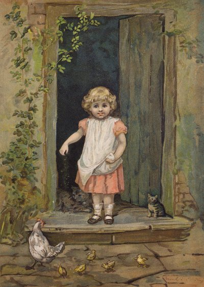 Little girl feeding the chickens from the doorstep of her home by Emily Jane Harding Andrews