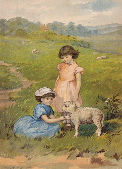 Two girls petting a lamb by Emily Jane Harding Andrews