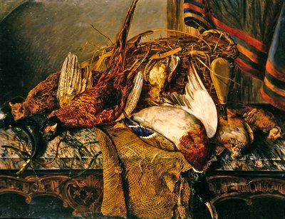 Still life with pheasants on a marble table by Emily Stannard