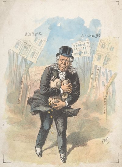 Man Clutching Moneybags While Banks Collapse, late 19th-early 20th century by Emmanuel Wyttenbach