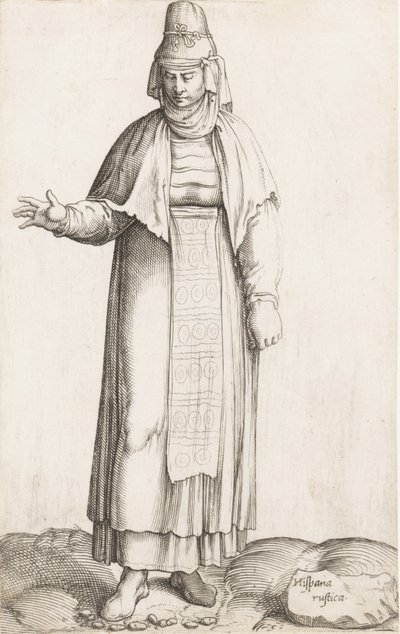 Costume Plate: Hispana Rustica with label on rock, ca. 1557-58 by Enea Vico