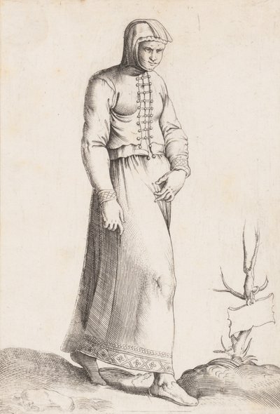 Costume Plate: Woman with Hooded Garment by Enea Vico