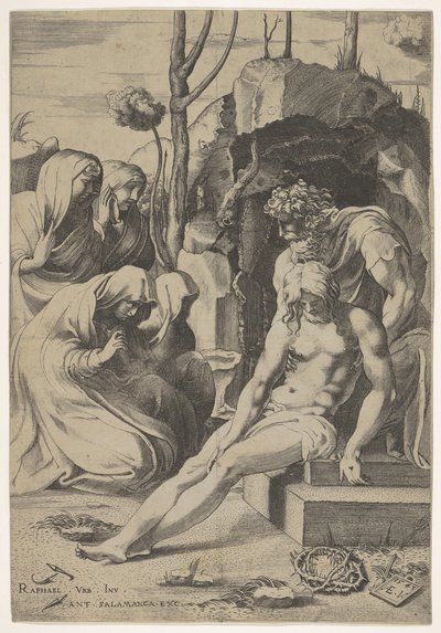 Entombment of Christ, whose chest is grasped by Joseph of Arimathea, with two kneeling figures by Enea Vico