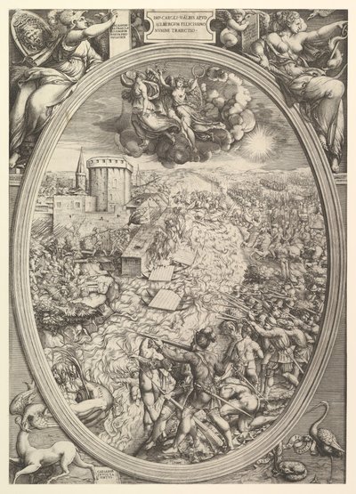 The Battle of Mühlberg with the army of Charles V crossing the Elbe River by Enea Vico