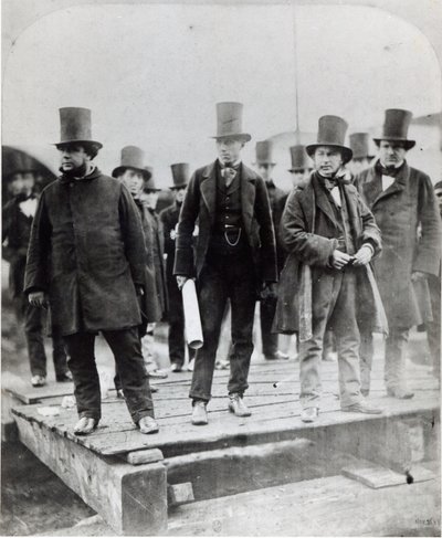 (L to R) John Scott Russell, Henry Wakefield, Isambard Kingdom Brunel and Lord Derby at the launch of the SS Great Eastern by English Photographer