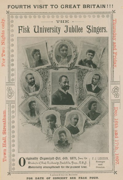 Advert for an appearance of The Fisk University Jubilee Singers by English Photographer